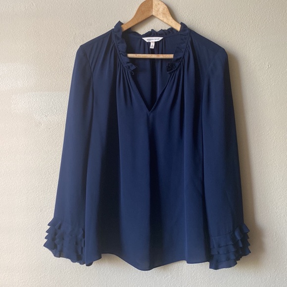 Rebecca Taylor Silk Double Georgette Ruffle Top in Navy size 12 - Picture 7 of 16